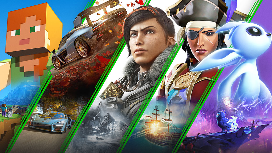Game Pass art, collage of Minecraft, Forza Horizon 3, Kate Diaz, and Sea of Thieves, and Ori and the Will of Wisps